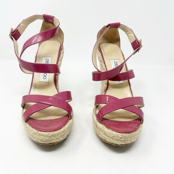 Jimmy Choo Phoenix Pink Patent Leather Espadrille Platform Wedge Sandals 37 (7) - Picture 3 of 6